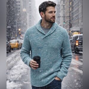 Lands’ End Heavy Knit Shawl Collar Sweater Unisex Dusty Blue XXL Cozy Winter